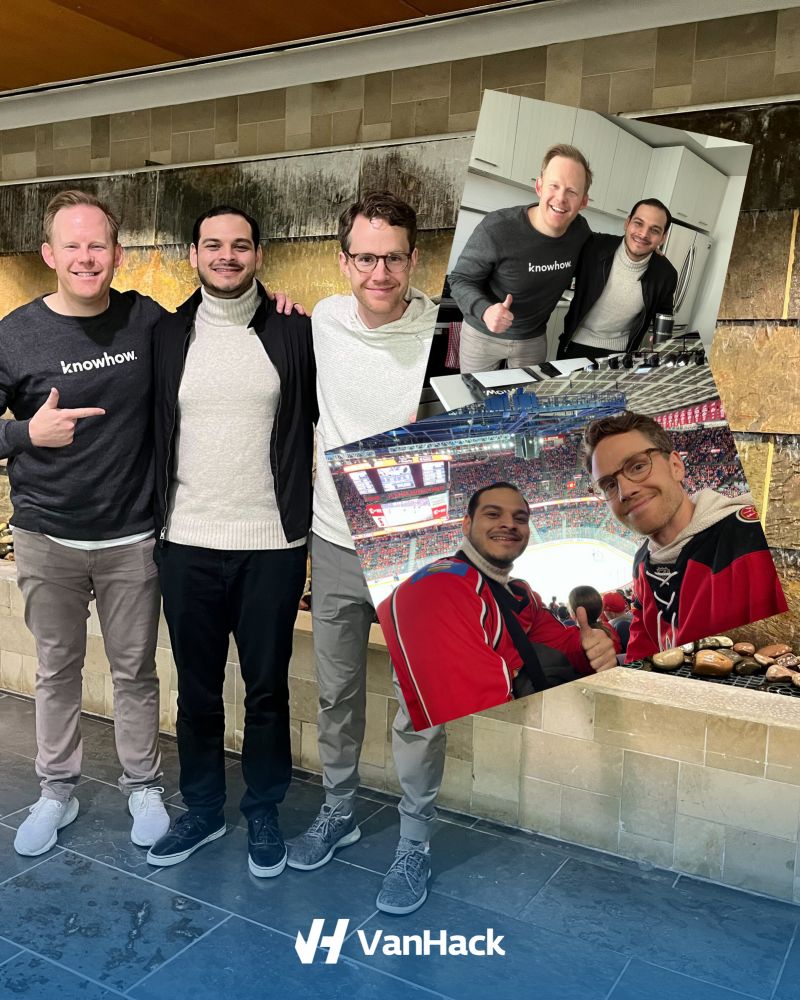 The picture show a montage of three images, All three show young men smiling side by side at work and in a hockey court