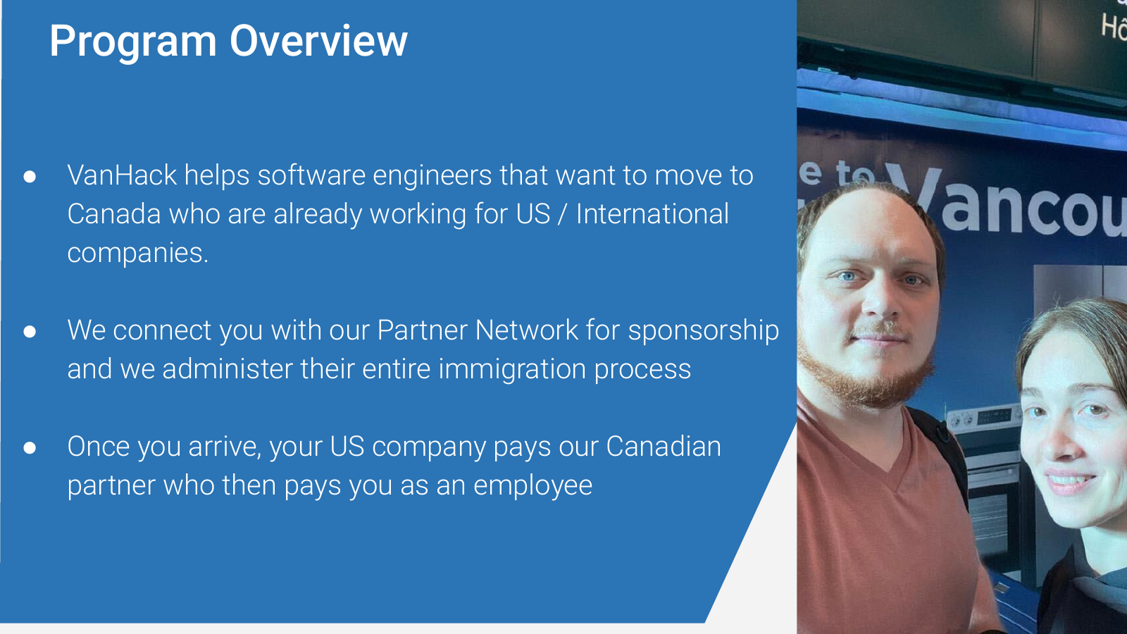 Move to Canada Program overview showing employer, VanHack partner, immigration, and payroll coordination